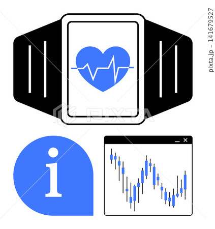 Fitness tracking, health monitoring, digital health, data analysis, wearable devices, technology innovation. Smartwatch with heartbeat icon, info symbol and analytics chart. Health monitoring Fitness tracking, health monitoring, digital health, data analysis, wearable devices, technology innovation. Smartwatch with heartbeat icon, info symbol and analytics chart. Health monitoring 141679527