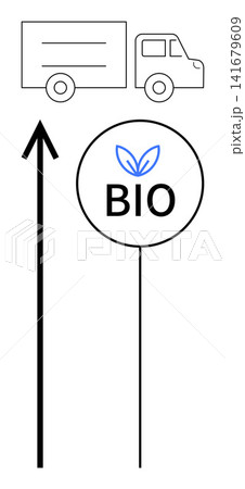 Sustainability, eco transport, environment, bio products, renewable resources, green practices. Minimalist truck with bio label and arrow sign. Sustainability and eco transport concept Sustainability, eco transport, environment, bio products, renewable resources, green practices. Minimalist truck with bio label and arrow sign. Sustainability and eco transport concept 141679609
