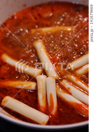 Spicy Tteokbokki Rice Cakes in Red Broth Spicy Tteokbokki Rice Cakes in Red Broth 141679669