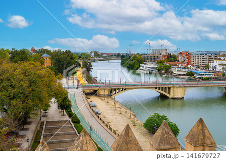 Seville Skyline and Guadalquivir River Panoramic View, Spain 141679727
