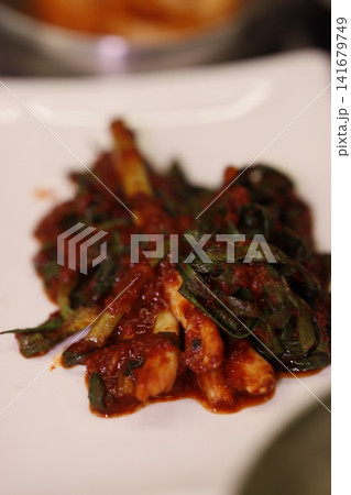 Spicy Korean Vegetable Stir-Fry on White Plate Spicy Korean Vegetable Stir-Fry on White Plate 141679749