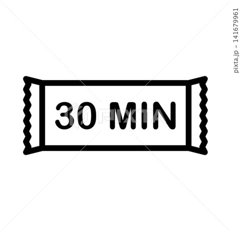 Minimalist line icon of a nicotine pouch with 30 MIN text symbol. Graphic element representing recommended duration of use for smokeless tobacco products. Isolated on white background. Minimalist line icon of a nicotine pouch with 30 MIN text symbol. Graphic element representing recommended duration of use for smokeless tobacco products. Isolated on white background. 141679961