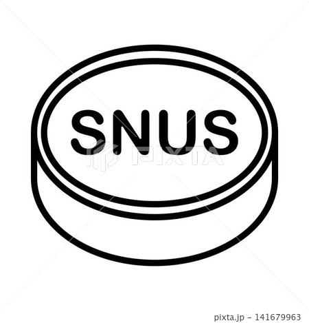 Minimalist line icon of a round tin can for packaging smokeless tobacco or nicotine pouches. Swedish snus puck illustration with text symbol. Isolated on white background. Minimalist line icon of a round tin can for packaging smokeless tobacco or nicotine pouches. Swedish snus puck illustration with text symbol. Isolated on white background. 141679963