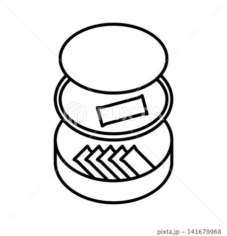 Minimalist line icon of an opened snus puck showing one used pouch in the top waste compartment and fresh portions below. Multi-layer packaging for smokeless tobacco. Isolated on white background. Minimalist line icon of an opened snus puck showing one used pouch in the top waste compartment and fresh portions below. Multi-layer packaging for smokeless tobacco. Isolated on white background. 141679968