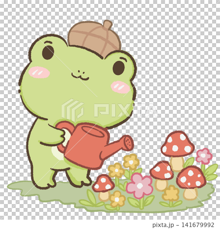 Cute Kawaii Chibi Frog Wearing an Acorn Hat Watering a Mushroom Flower Garden Woodland Cottagecore Clipart Illustration Cute Kawaii Chibi Frog Wearing an Acorn Hat Watering a Mushroom Flower Garden Woodland Cottagecore Clipart Illustration 141679992