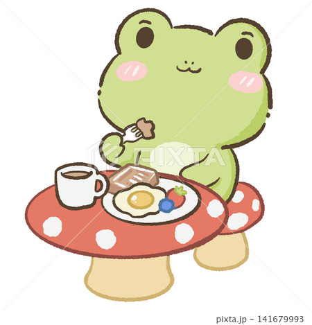Cute Kawaii Chibi Frog Enjoying a Cozy Mushroom Breakfast with Coffee, Toast and Sunny Side Egg Woodland Cottagecore Clipart Illustration 141679993
