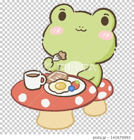 Cute Kawaii Chibi Frog Enjoying a Cozy Mushroom Breakfast with Coffee, Toast and Sunny Side Egg Woodland Cottagecore Clipart Illustration 141679993