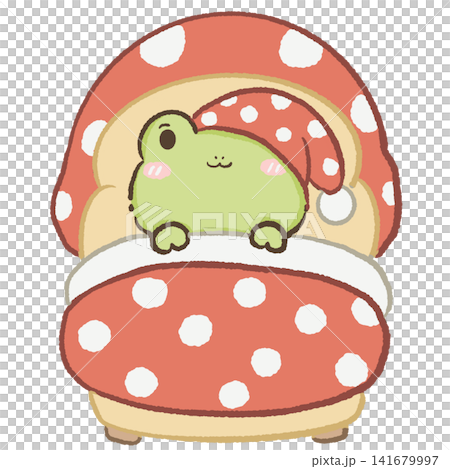Cute Kawaii Chibi Frog Sleeping in a Cozy Mushroom Bed Wearing a Mushroom Nightcap Cottagecore Clipart Illustration 141679997