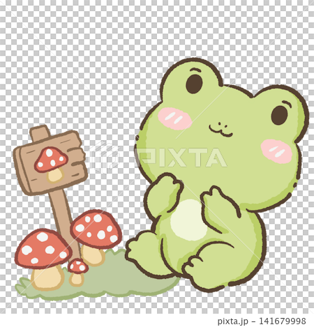 Cute Kawaii Chibi Frog Sitting Beside Woodland Mushroom Signposts in a Cozy Forest Cottagecore Clipart Illustration Cute Kawaii Chibi Frog Sitting Beside Woodland Mushroom Signposts in a Cozy Forest Cottagecore Clipart Illustration 141679998