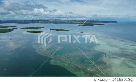 Fish farm with cages for fish and shrimp Fish farm with cages for fish and shrimp 141680156