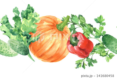 Seamless horisontal border of a pumpkin, cucumbers, parsley and lettuce. Watercolor illustration. Handmade art work. For packaging design, cards, cover, prints, product labels and fabric. Seamless horisontal border of a pumpkin, cucumbers, parsley and lettuce. Watercolor illustration. Handmade art work. For packaging design, cards, cover, prints, product labels and fabric. 141680458