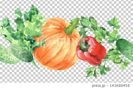 Seamless horisontal border of a pumpkin, cucumbers, parsley and lettuce. Watercolor illustration. Handmade art work. For packaging design, cards, cover, prints, product labels and fabric. Seamless horisontal border of a pumpkin, cucumbers, parsley and lettuce. Watercolor illustration. Handmade art work. For packaging design, cards, cover, prints, product labels and fabric. 141680458
