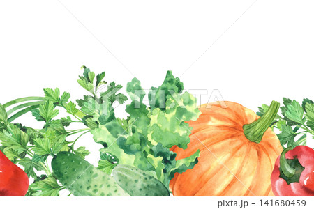 Seamless border of a pumpkin, cucumbers, parsley and lettuce. Watercolor illustration. Handmade art work. For packaging design, cards, cover, prints, product labels and fabric. Seamless border of a pumpkin, cucumbers, parsley and lettuce. Watercolor illustration. Handmade art work. For packaging design, cards, cover, prints, product labels and fabric. 141680459