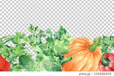 Seamless border of a pumpkin, cucumbers, parsley and lettuce. Watercolor illustration. Handmade art work. For packaging design, cards, cover, prints, product labels and fabric. Seamless border of a pumpkin, cucumbers, parsley and lettuce. Watercolor illustration. Handmade art work. For packaging design, cards, cover, prints, product labels and fabric. 141680459