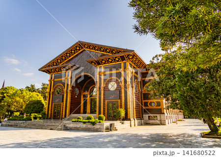 Historic Wooden Pavilion with Ornate Architecture in Landscaped Park, Elegant Cultural Building Sur Historic Wooden Pavilion with Ornate Architecture in Landscaped Park, Elegant Cultural Building Sur 141680522