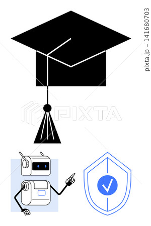 Online learning, cybersecurity, AI, digital education, knowledge verification, academic safety. A robotic figure points to a shield with a checkmark and a graduation cap. Online learning Online learning, cybersecurity, AI, digital education, knowledge verification, academic safety. A robotic figure points to a shield with a checkmark and a graduation cap. Online learning 141680703