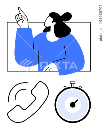 Customer service, communication, time management, call handling, assistance, scheduling. A woman points upward with telephone and stopwatch icons. Communication and time management concept Customer service, communication, time management, call handling, assistance, scheduling. A woman points upward with telephone and stopwatch icons. Communication and time management concept 141680705