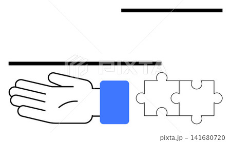 Collaboration, problem solving, teamwork, assistance, unity, connection. Vector of a hand and puzzle pieces in minimalistic black, white and blue. Collaboration and problem solving concepts Collaboration, problem solving, teamwork, assistance, unity, connection. Vector of a hand and puzzle pieces in minimalistic black, white and blue. Collaboration and problem solving concepts 141680720