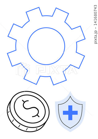 Technology, finance, business solutions, financial security, healthcare, innovation. A gear, coin and shield with a cross. Technology and financial security concepts visually Technology, finance, business solutions, financial security, healthcare, innovation. A gear, coin and shield with a cross. Technology and financial security concepts visually 141680743