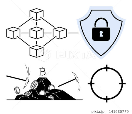 Blockchain technology, cybersecurity, cryptocurrency mining, digital finance, data protection, hacking prevention. Blockchain network, shield with lock, bitcoin mining tools target symbol 141680779