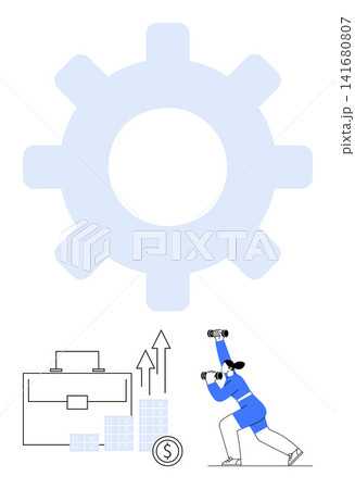 Business strategy, market analysis, finance, innovation, growth, technology. Large gear symbol, person with binoculars charts suitcase with upward arrows. Business strategy and market analysis Business strategy, market analysis, finance, innovation, growth, technology. Large gear symbol, person with binoculars charts suitcase with upward arrows. Business strategy and market analysis 141680807