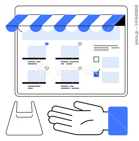 E-commerce, digital transactions, online stores, web design, retail marketing, customer interface. Tablet screen with shopping options, hand gesture and bag icon. E-commerce and digital transactions 141680808