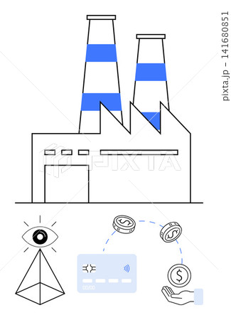 Industry, economy, fintech, automation, financial services, transactions. Factory building with chimneys, eye symbol financial icons money and card. Industry and economy concept Industry, economy, fintech, automation, financial services, transactions. Factory building with chimneys, eye symbol financial icons money and card. Industry and economy concept 141680851