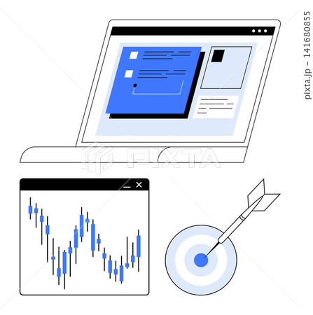 Business analytics, financial planning, stock trading, market research, investment strategies, goal setting. A laptop screen, stock market chart and target with an arrow. Business analytics Business analytics, financial planning, stock trading, market research, investment strategies, goal setting. A laptop screen, stock market chart and target with an arrow. Business analytics 141680855