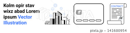 Sustainable energy, smart payment solutions, business agreements, eco-friendly cities, urban development, financial growth. Cityscape with turbines, credit card contract signature. Sustainable Sustainable energy, smart payment solutions, business agreements, eco-friendly cities, urban development, financial growth. Cityscape with turbines, credit card contract signature. Sustainable 141680954