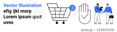 E-commerce, digital transactions, business communication, shopping cart, security, workflow. Shopping cart icon, stop gesture people shaking hands. E-commerce and digital transactions concept E-commerce, digital transactions, business communication, shopping cart, security, workflow. Shopping cart icon, stop gesture people shaking hands. E-commerce and digital transactions concept 141681016