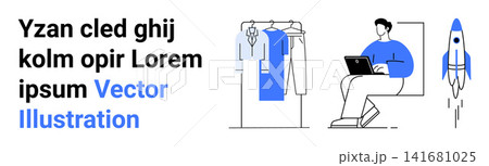 E-commerce, productivity, online shopping, fashion retail, startup innovation, entrepreneurship. A person working on a laptop, clothing rack and rocket illustration. E-commerce and productivity E-commerce, productivity, online shopping, fashion retail, startup innovation, entrepreneurship. A person working on a laptop, clothing rack and rocket illustration. E-commerce and productivity 141681025