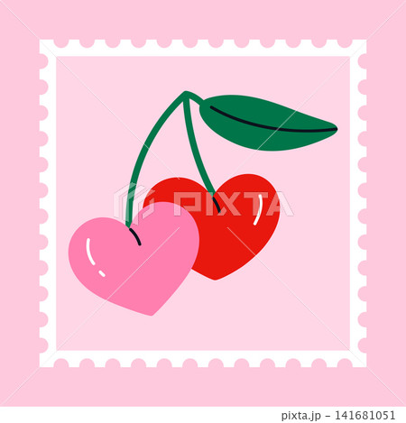 Postage stamp with heart shaped cherries with leaf. Cute Valentine's Day stamp design. Romantic postal sticker. Love themed philatelic. Vector illustration in flat cartoon style Postage stamp with heart shaped cherries with leaf. Cute Valentine's Day stamp design. Romantic postal sticker. Love themed philatelic. Vector illustration in flat cartoon style 141681051