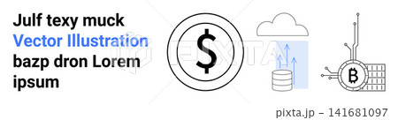 Financial services, cryptocurrency, blockchain technology, cloud computing, digital investments, fintech innovation. Dollar sign, cloud data transfer Bitcoin symbol with circuits. Financial 141681097
