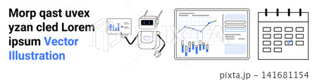 Business development, automation, data processing, productivity tools, future technology, workflow organization. Robot interacting with graph data, charts and calendar. Business development 141681154