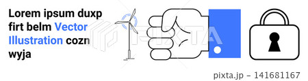 Renewable energy, sustainability, security, data protection, clean power, cybersecurity. A wind turbine, a fist and a padlock are as key elements. Renewable energy and security concept Renewable energy, sustainability, security, data protection, clean power, cybersecurity. A wind turbine, a fist and a padlock are as key elements. Renewable energy and security concept 141681167