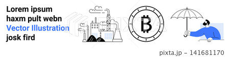 Environmental issues, cryptocurrency economy, financial stability, climate action, digital money, carbon footprint. Industrial factory, Bitcoin symbol person holding umbrella. Environmental issues Environmental issues, cryptocurrency economy, financial stability, climate action, digital money, carbon footprint. Industrial factory, Bitcoin symbol person holding umbrella. Environmental issues 141681170
