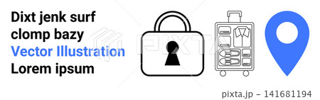 Travel safety, navigation, tourism icons, secure luggage, journey planning, travel tools. Lock symbol, suitcase with compartments blue location marker. Travel safety and navigation concept Travel safety, navigation, tourism icons, secure luggage, journey planning, travel tools. Lock symbol, suitcase with compartments blue location marker. Travel safety and navigation concept 141681194