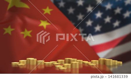 Gold Coins Between China and United States Economic Powers 3d render Gold Coins Between China and United States Economic Powers 3d render 141681339