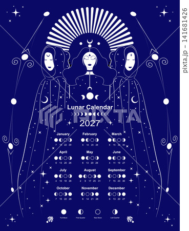 Wiccan Moon calendar 2027 and Moon Phases. Lunar phases schedule and cycles, Mystical triple goddess, priestesses. Gothic Witch wicca female sacred design. Blue background Wiccan Moon calendar 2027 and Moon Phases. Lunar phases schedule and cycles, Mystical triple goddess, priestesses. Gothic Witch wicca female sacred design. Blue background 141681426