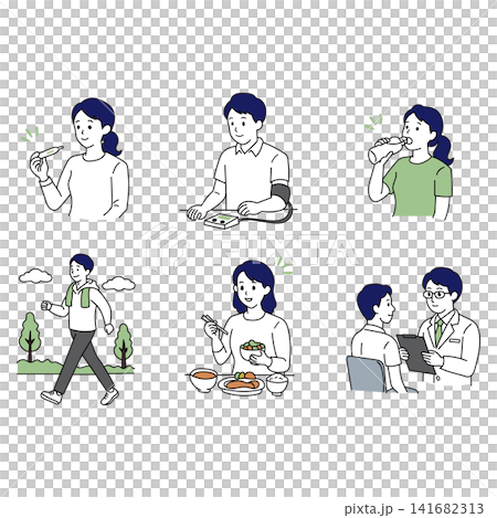 Health Management Illustration Set: Health Checkups, Exercise, Hydration, and Diet Health Management Illustration Set: Health Checkups, Exercise, Hydration, and Diet 141682313