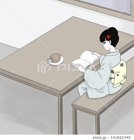 本を読む後ろ姿の着物の女性　秋の和カフェ時間 141682340