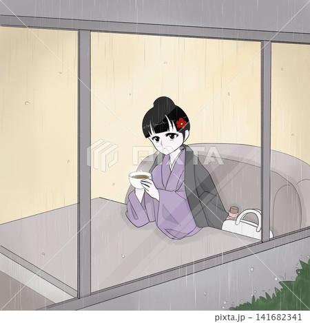 雨の景色を眺める着物女性 秋の和カフェ時間 雨の景色を眺める着物女性 秋の和カフェ時間 141682341
