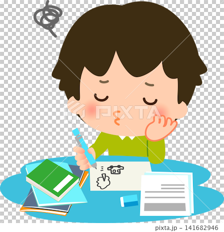 一個男孩一邊學習一邊用手托著下巴塗鴉。 一個男孩一邊學習一邊用手托著下巴塗鴉。 141682946