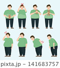Vector illustration set of an overweight man suffering from various health symptoms including chest pain, headache, stomach ache, back pain, and exhaustion. Medical and lifestyle concept. 141683757
