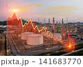 Falling red stock market graph arrow over petrochemical refinery at twilight, energy crisis, oil price crash and economic recession concept. 141683770