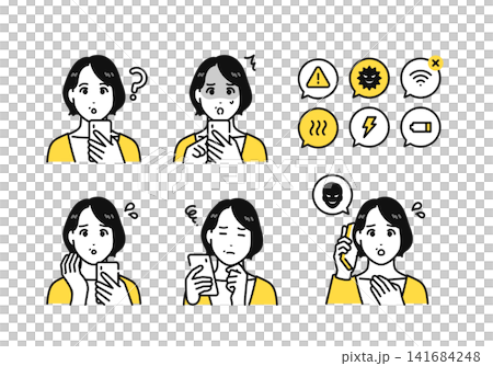 スマホを持つカーディガンを着た40代女性とネガティブな感情アイコンセット 141684248