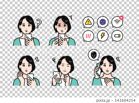 スマホを持つミドル女性のネガティブな感情アイコンセット シンプルなベクターイラストセット素材 141684254
