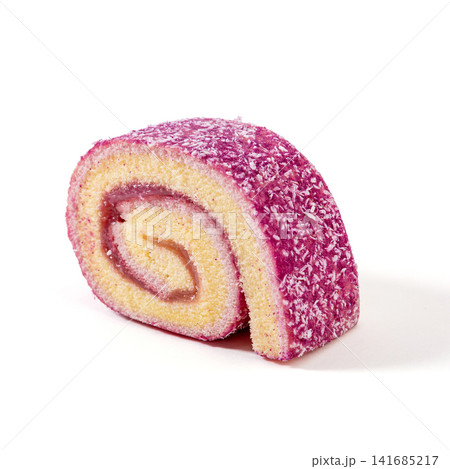 slices of purple sweet potato cake roll with coconut flakes and berry jam filling on white background, gourmet dessert slices of purple sweet potato cake roll with coconut flakes and berry jam filling on white background, gourmet dessert 141685217