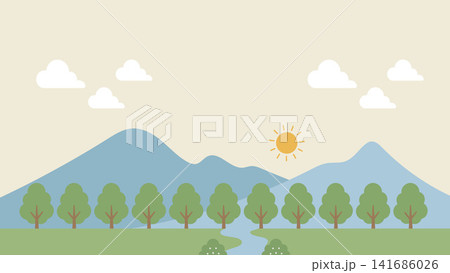Flat Nature Landscape with Mountains Forest River Cartoon Background Illustration Flat Nature Landscape with Mountains Forest River Cartoon Background Illustration 141686026
