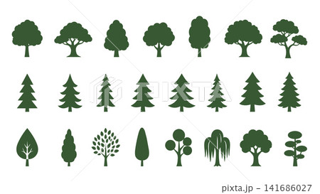 Green tree silhouette collection featuring various forest, deciduous, and pine tree icons in a simple flat style. Green tree silhouette collection featuring various forest, deciduous, and pine tree icons in a simple flat style. 141686027